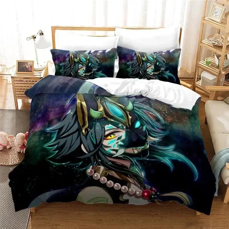 Anime Genshin Impact Paimon Bedding Set Duvet Cover Sheet Printed Bed Set Pillowcase Bed Full Queen King Size Comforter Bedroom