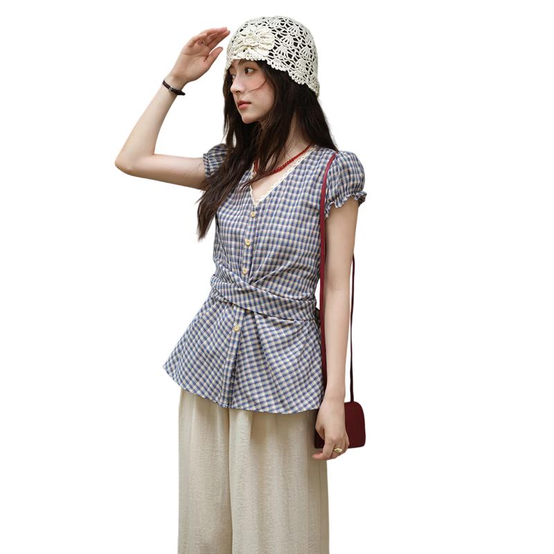 Mishow Lace Trim Puff Sleeve Bow Tie Short Sleeve Blouse S