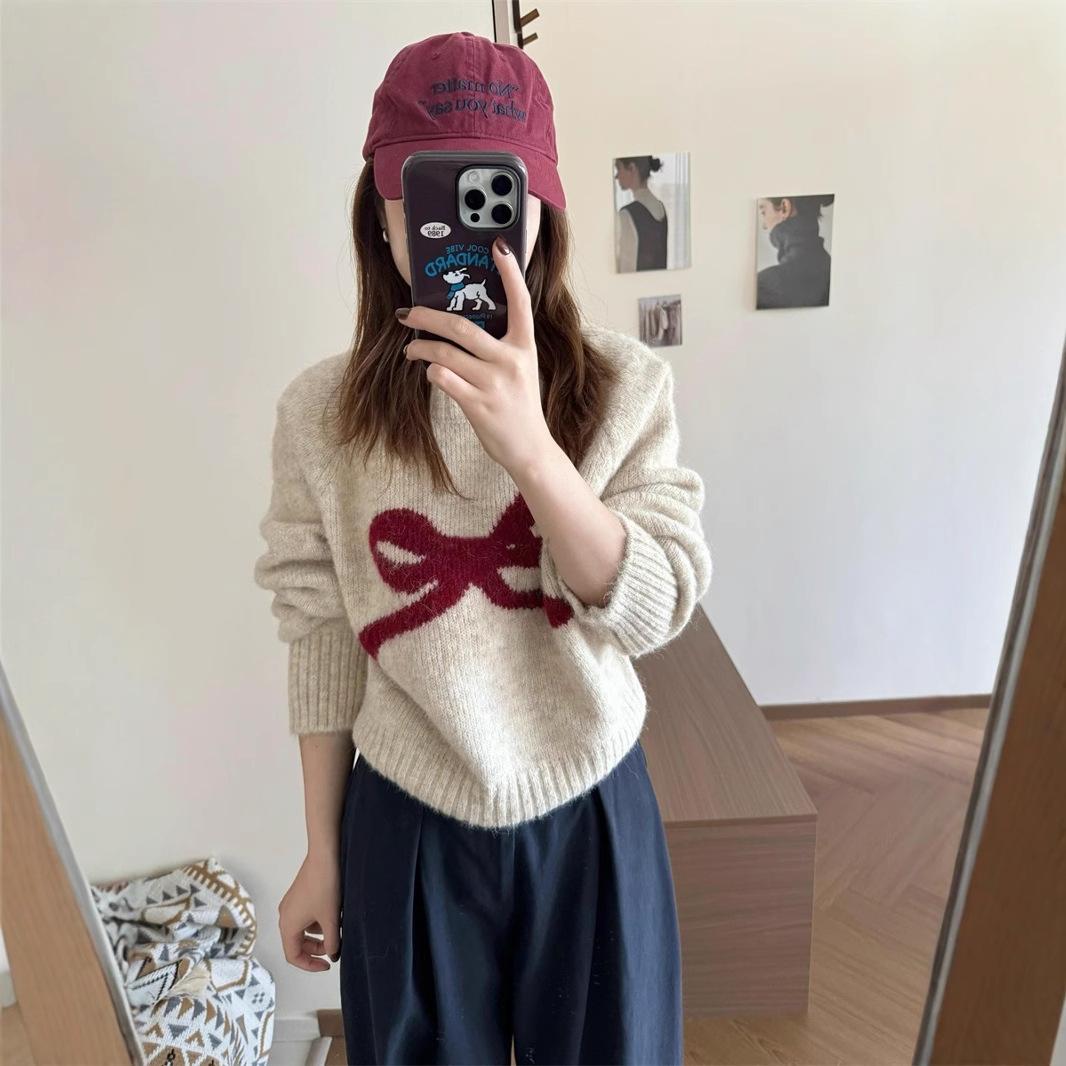 

Пуловер с круглым вырезом и бантом для женщин, новый свободный мягкий вязаный свитер-топ для осени и зимы S