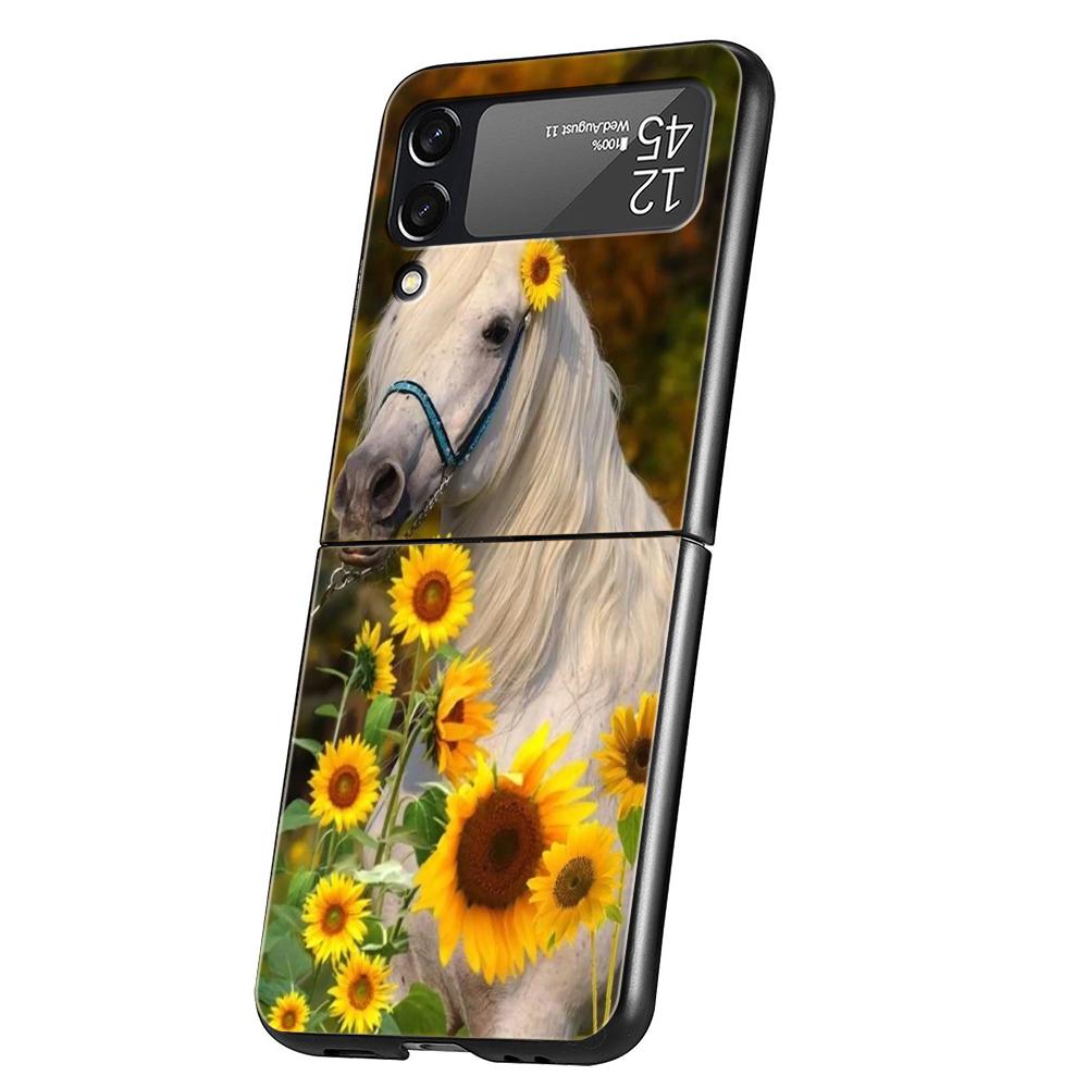 Luxury Phone Case For Samsung Galaxy Z Flip 3 4 5 6 Hard Black Folding PC For Samsung Z Flip3 Flip4 Flip5 Cover Horse Animal