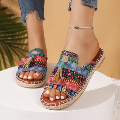 Chaussons plats à franges de style ethnique pour femmes, bohèmes, à bout ouvert, à semelle souple, tongs de plage