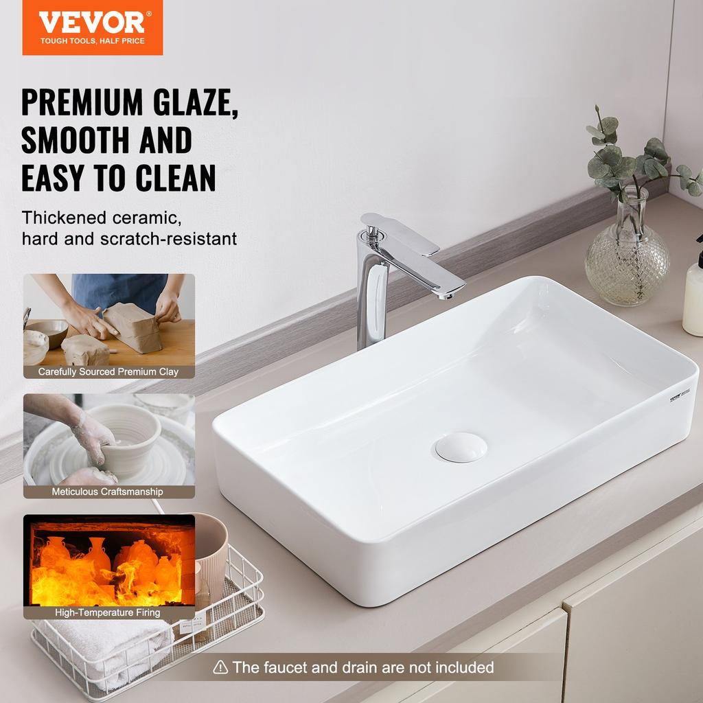 VEVOR Rectangle Vessel Sink, 24" x 13.8" Bathroom Vessel Sink Countertop, White Ceramic Bathroom Sinks Above Counter, Modern Style