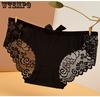 Women's Printed Ice Silk Underwear with No Trace Low Waist Bow Hollow Lace Triangle Pants