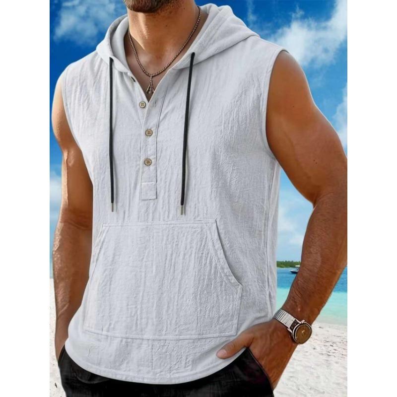 

Men s White Linen-Look Sleeveless Hoodie Henley Neck Tank Top with Kangaroo Pocket S білий