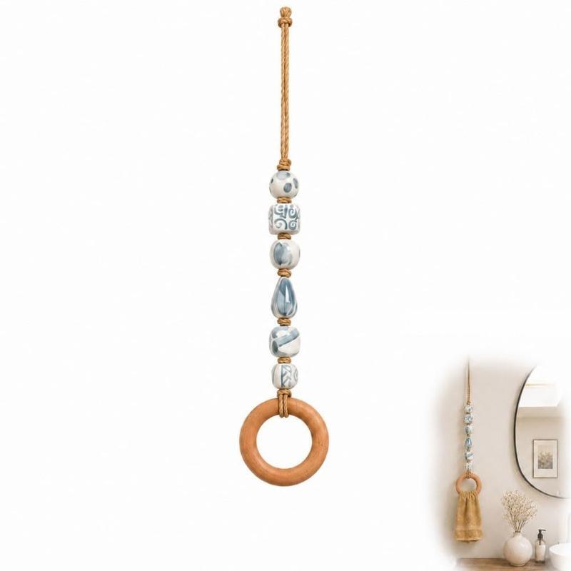 Decorative Beaded Towel Hanger With Wooden Ring Practical Design, Portable For Bathroom Kitchen