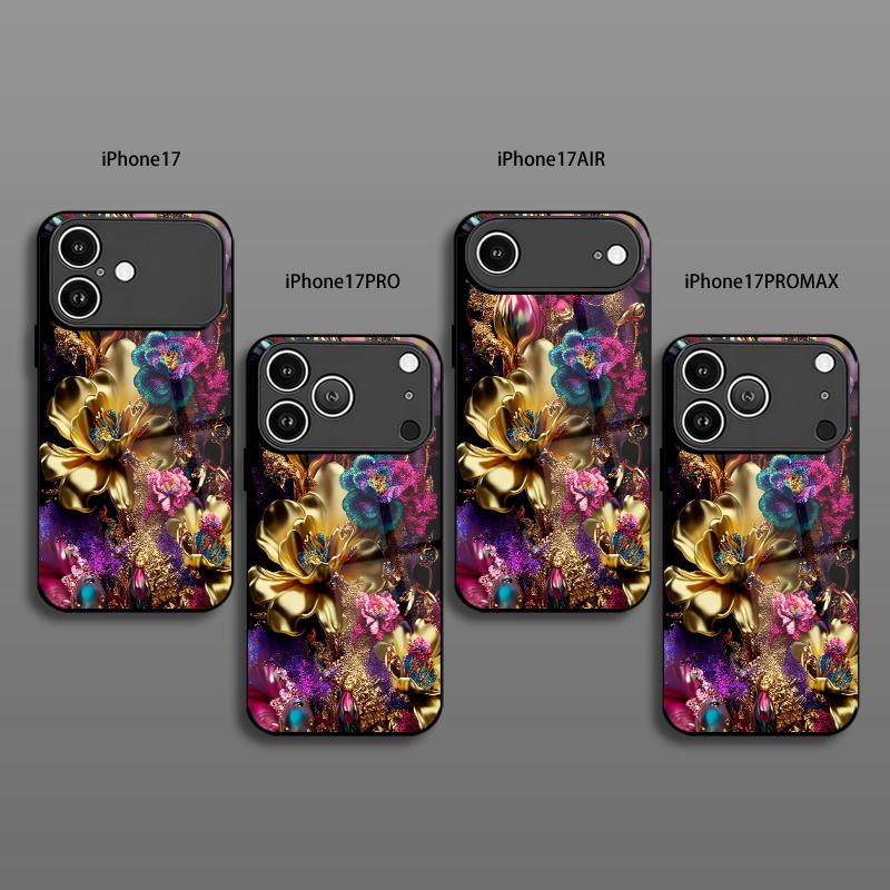 Gold Floral Pattern 2D Phone Case for iPhone 17 16 15 14 13 12 11 X XR XS Max Pro 8 plus - Glass Protective Cover