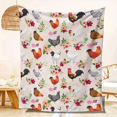 Colorful Chicken Floral Flannel Blanket | Soft Warm All-Season Throw | Cute Design for Couch Naps Camping & Outdoor Decor