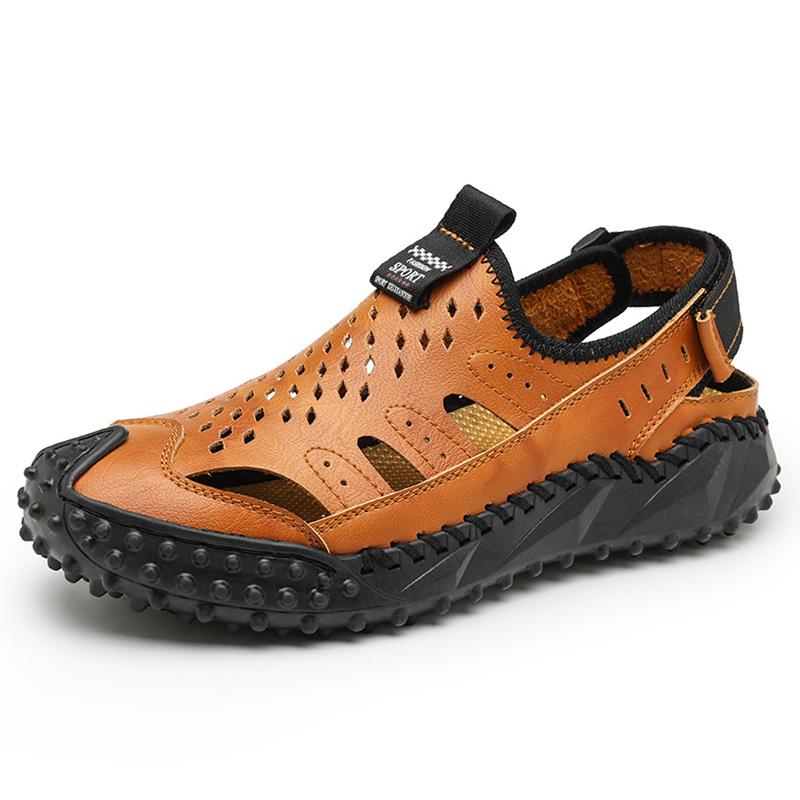 Kvėpuojantys, minkšti vyriški, natūralios odos rankiniu būdu susiuvami sandalai