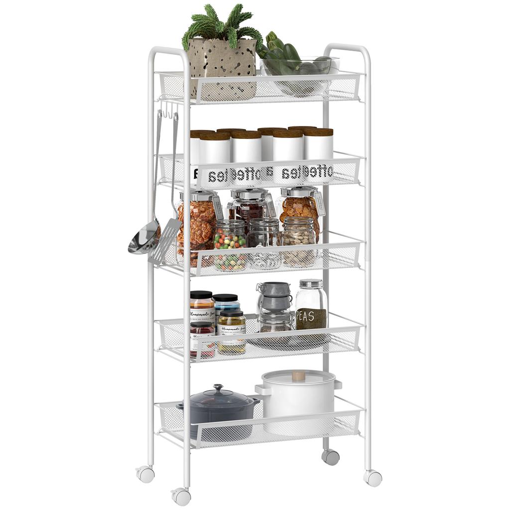 Five-Steel Mesh Basket Storage Trolley, with Wheels - White