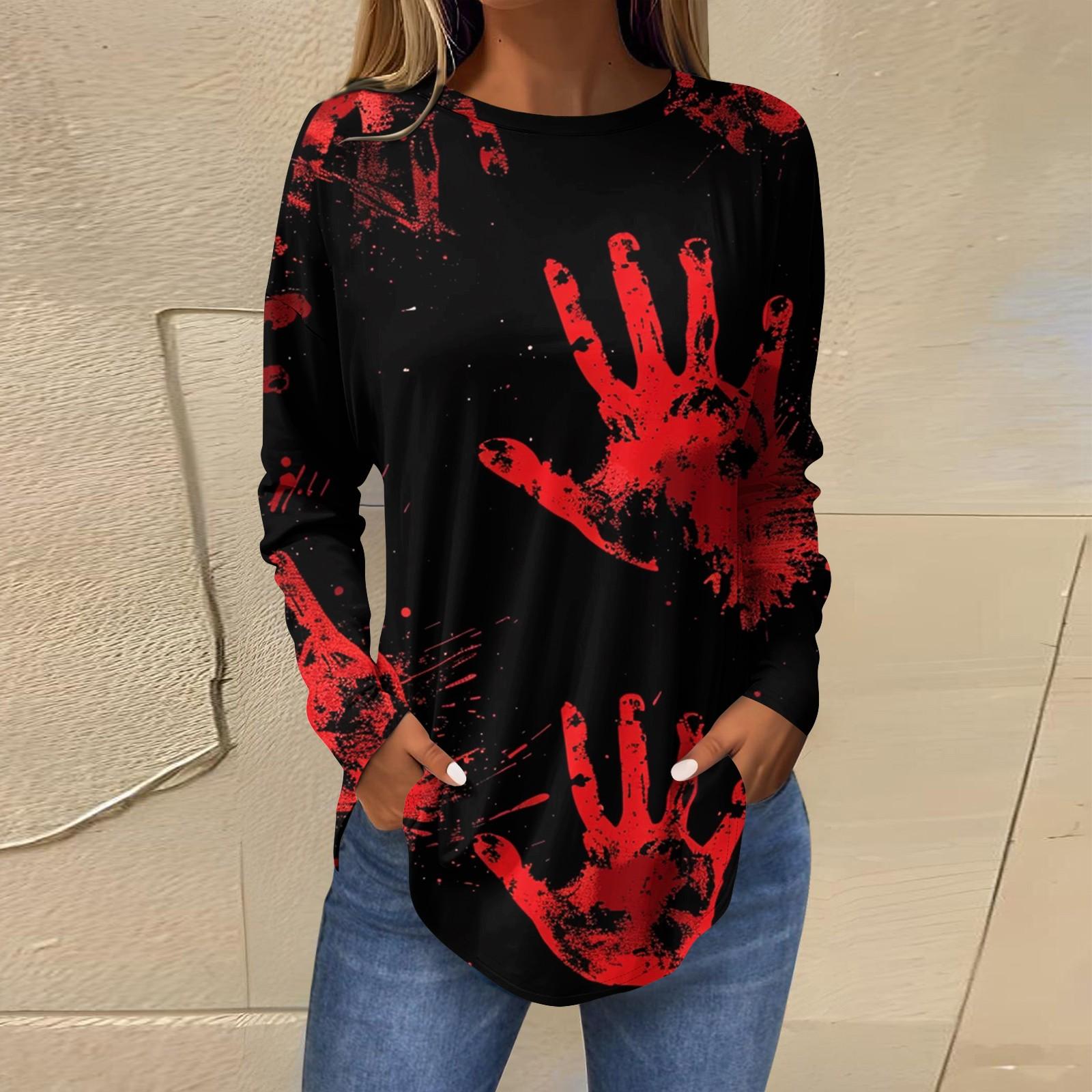 

Модні жіночі повсякденні топи з принтом і круглим вирізом з довгими рукавами S