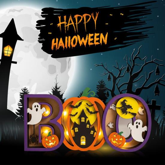 Halloween Night Light Wooden Light-up Boo Ornament Pumpkin Ghost Castle Table Decoration with Lights for Home Mantel Dining Table
