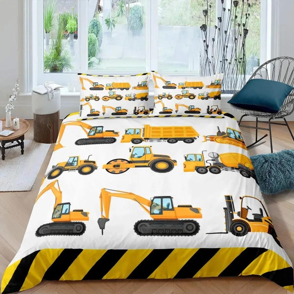 Excavator Duvet Cover Set Microfiber Tractor Truck Comforter Cover Twin Construction Vehicle Cartoon Bedding Set For Boys Teens