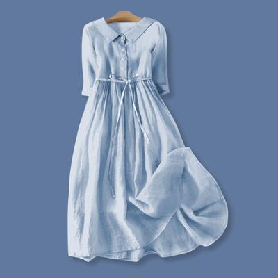 Women Spring Dress Floral Print Mid Sleeve Lapel V Neck Lace-up High Waist A-line Half Single-breasted Bohemian Pleated