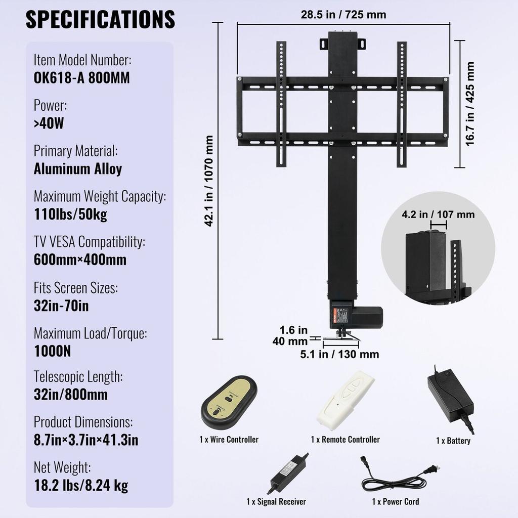 TV Lift Stand Motorized TV Auto Lift Mount Bracket for 26"-60" Flat Screen LCD/LED/OLED Plasma TVs Heavy Duty Electric TV Mount Motorised TV Lift