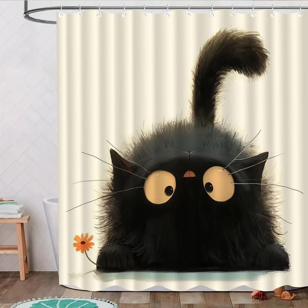1 Elegant Black Cat Shower Curtain - Polyester Bathroom Decor With Artistic Fluffy Cat Pattern, Hook Included, Polyester Fabric