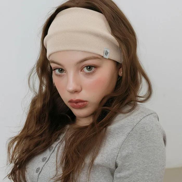 MINIMAL RIBBED WIDE HAIR BAND BANDANA_BEIGE