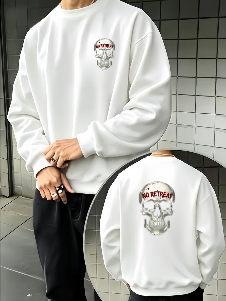 Front And Back NO RETREAT Skull Graphic Print Casual Gothic Streetwear Long Sleeve Pullover Unisex for Daily Wear