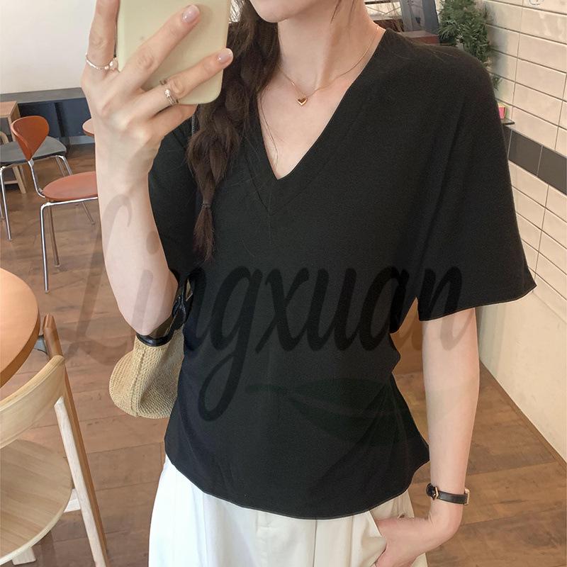 V-Neck Soft, Skin-Friendly Short-Sleeve T-Shirt with Back Waist Tie - Women's Summer 2026 New Style