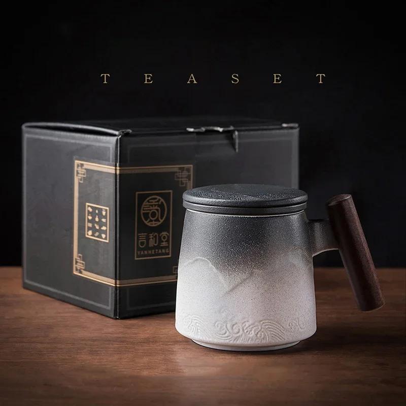Creative Tea Cups and Mugs Ceramic Mug Thermal Coffee Cup Vintage Beer Water Cup Infuser Lid Wooden Handle Personalized Gifts