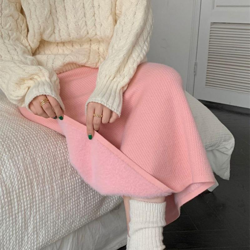 Knitted Half Skirt, Medium Length, High Waisted, Slimming Open A-line, Buttocks Wrapped Skirt