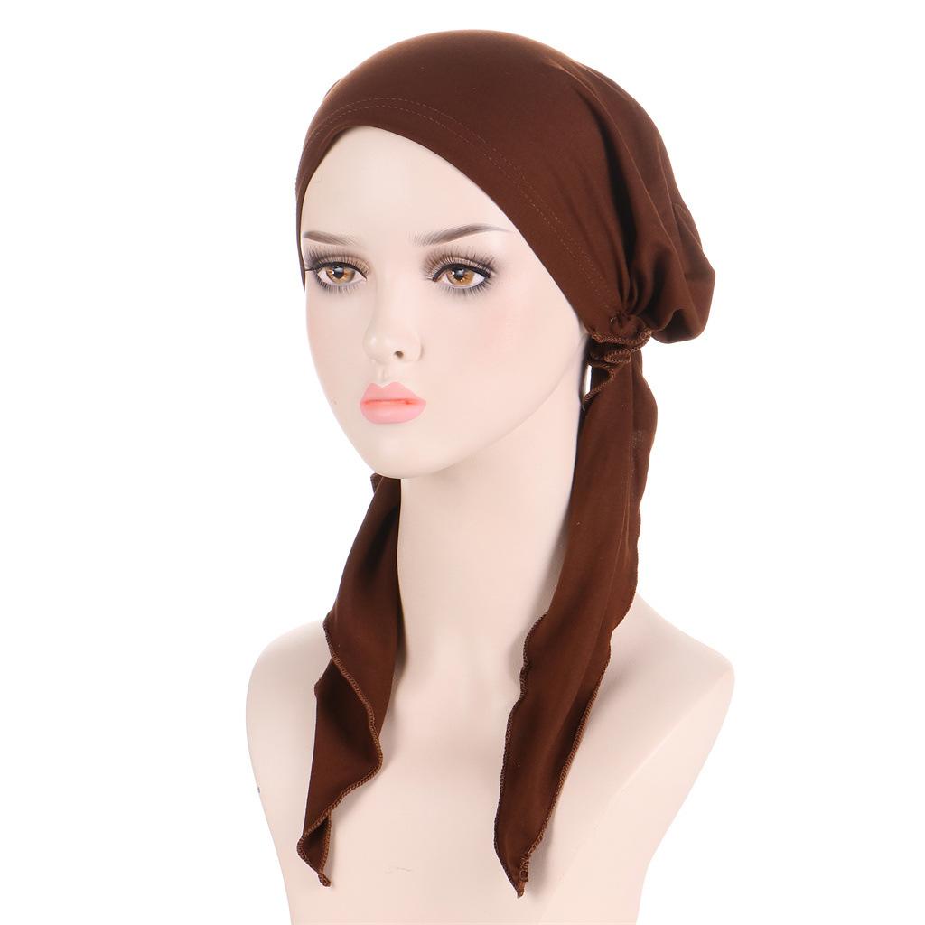 Solid Color Muslim Fashion Hijabs Turban Bonnet Long Tail Head Wraps Elastic Hijab Hats Breathable Chemo Cap For Women Girls