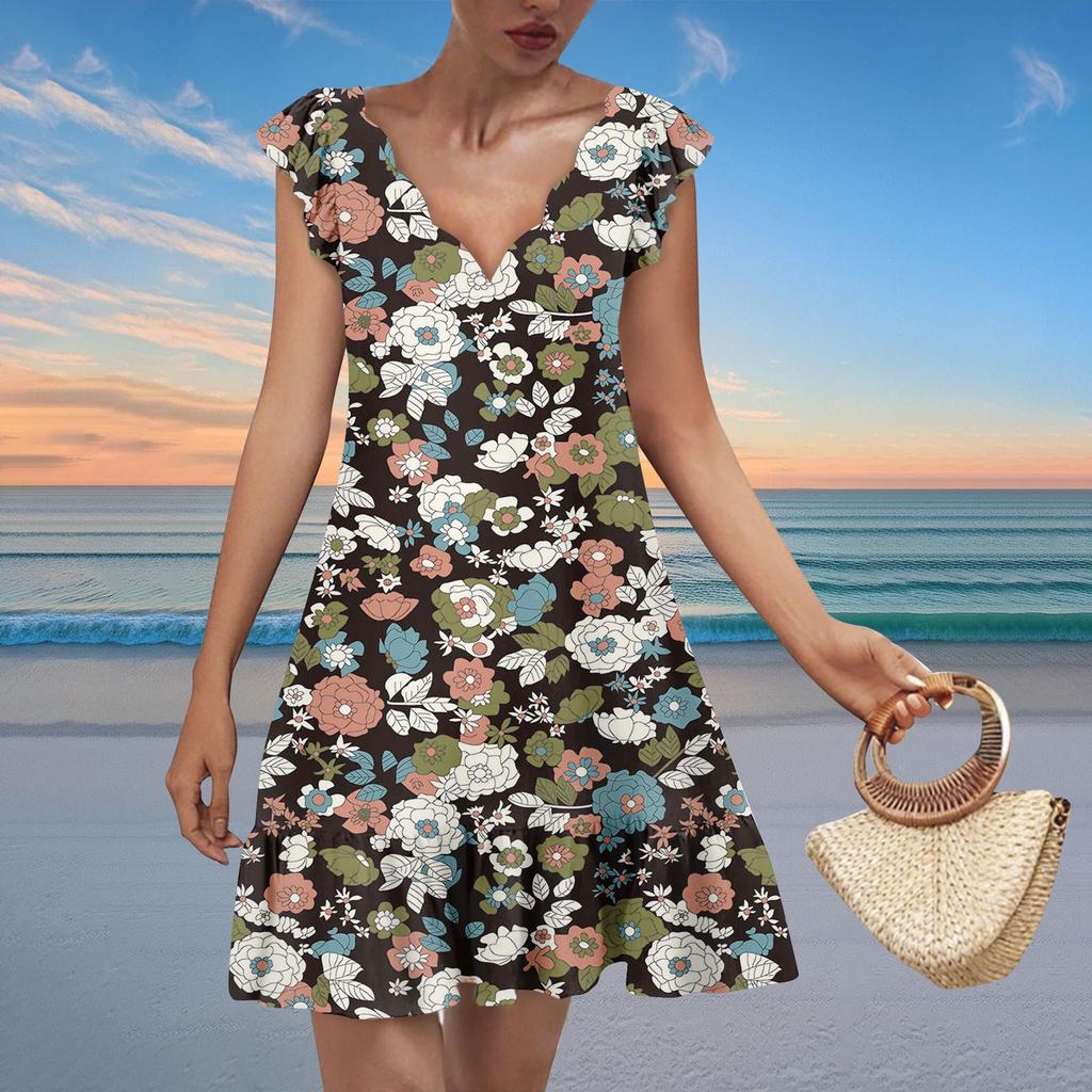 Damenmode Lässig V-Ausschnitt Wellenkante Blumendruck Kurzarmkleid