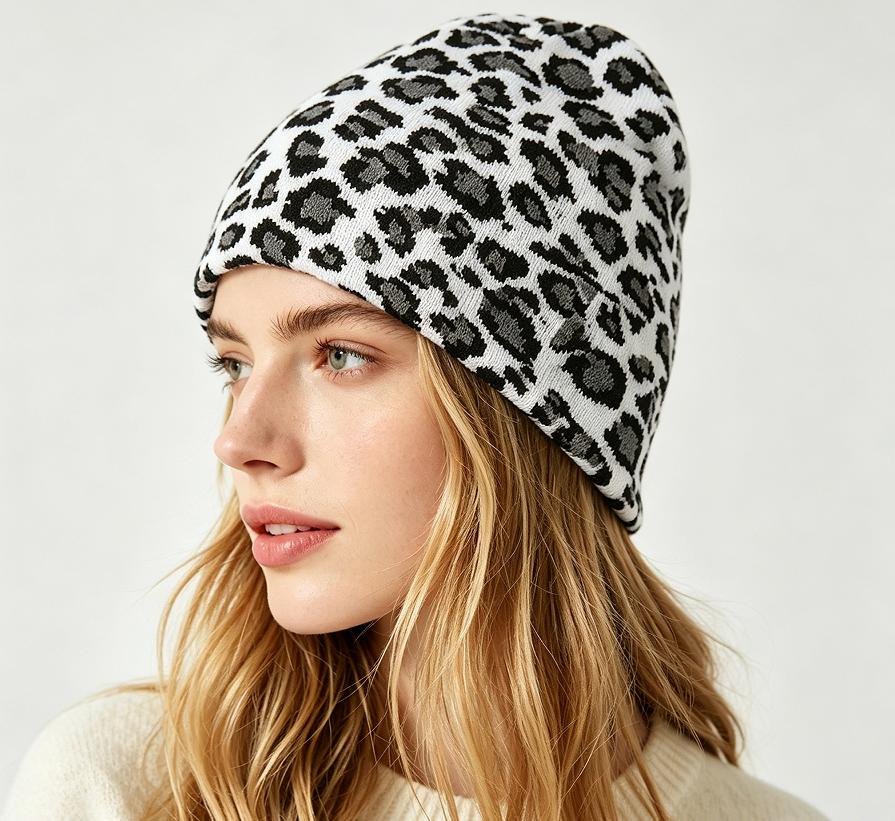 Trendy Leopard Print Knit Beanie Thick Warm Elastic Sports Hat Cool Travel Outdoor Fashion Unisex Winter Headwear Cap