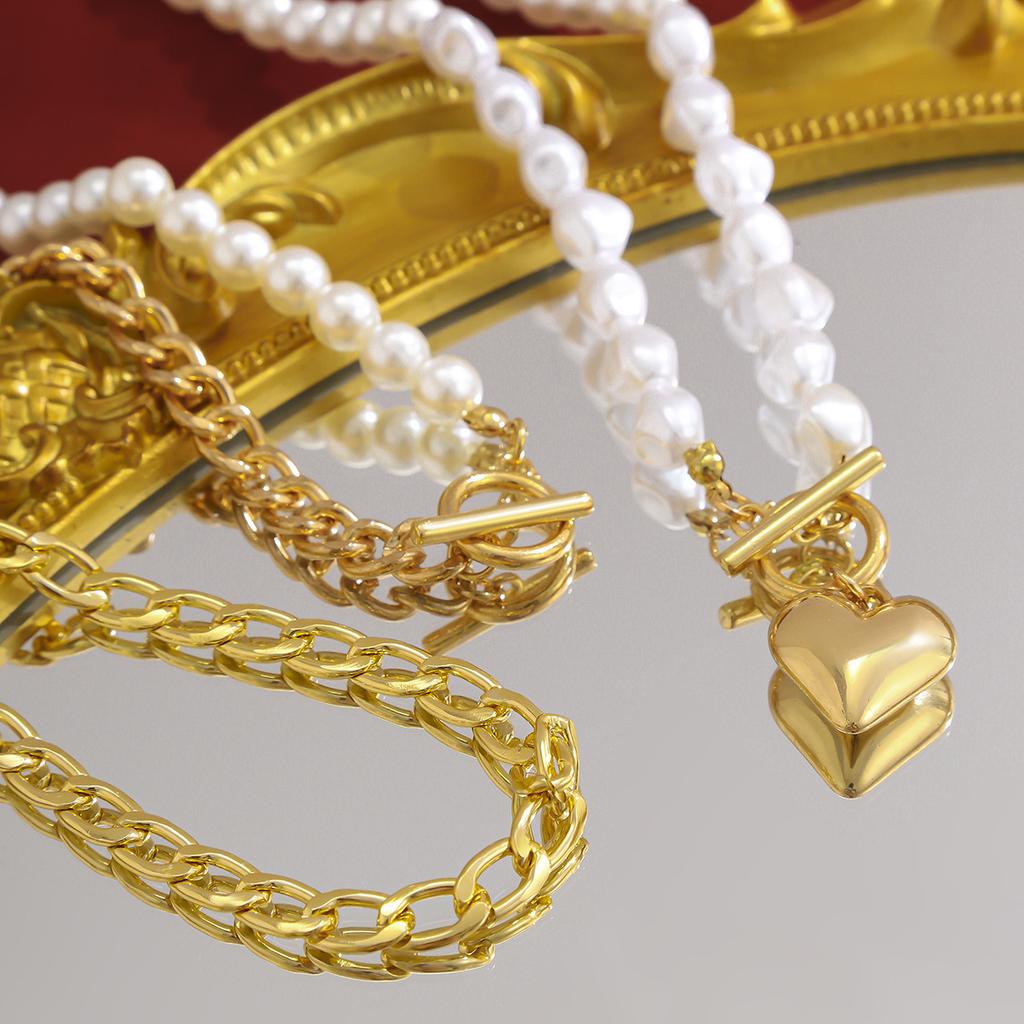 Sweet And Cool Style Metal Love Stacked Necklace Women, Fashion Imitation Pearl Chain Peach Heart Necklace
