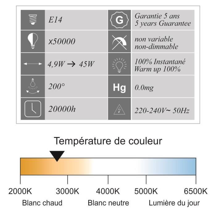Ampoule LED E14 - Noname - 6W - 470Lm - 2700K - Garantie 5 Ans