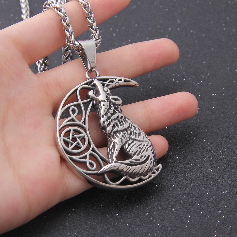 Stainless Steel Howling Wolf Moon Necklace - Viking & Slavic Animal Pendant with Adjustable Chain for Couple Jewelry Gifts