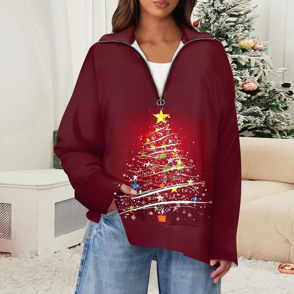 Women's Casual Half Zipper Lapel Snowflake Print Pullover Top Side Slit Fashion Clothing