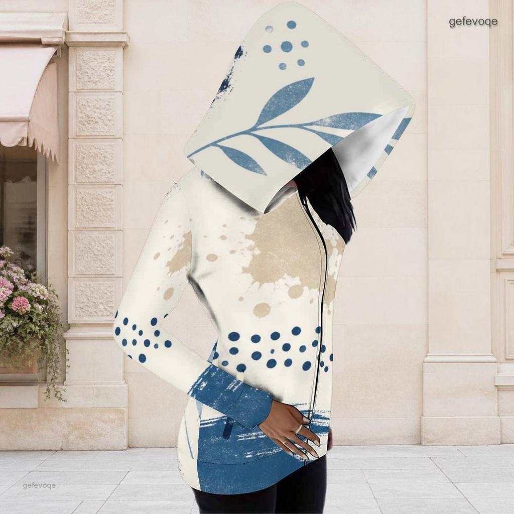 Women Plus Size Black Beige Printed Asymmetric Cutout Neck Hooded Long Sleeve Fitted Top