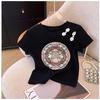 Women's Summer Frog Button Pearl Embroidered T-shirt - New Chinese Style, Slim Fit, Short Sleeve