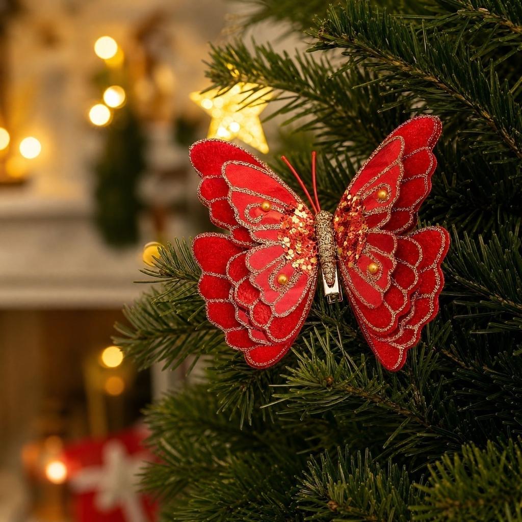 3 Pack Artificial Butterfly Christmas Tree Ornament Clips with Tulle Decorations for Holiday Festive