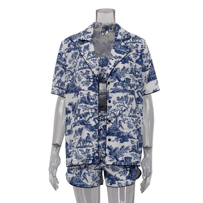 

Printed Collar Cardigan Shorts Set Print Lapel Short sleeve Cardigan Shorts Set Women Blue (three-piece) S