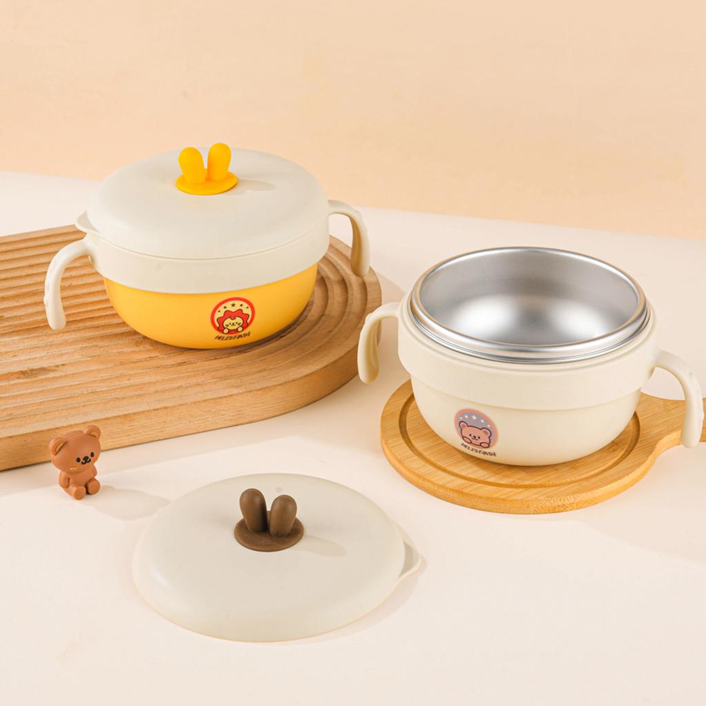 316 Stainless Steel Rice Bowl Children Tableware Anti-scald Food Container With Cutlery Double Handle Kid Feeding Bowl