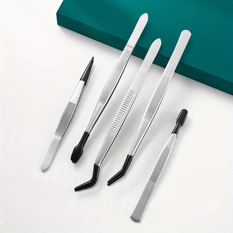 1-5PCS Anti-Slip Rubber Coated Precision Tweezers Set,Straight/Bent Flat Tip for Jewelry,Electronics Repair,Nail Stamping DIY