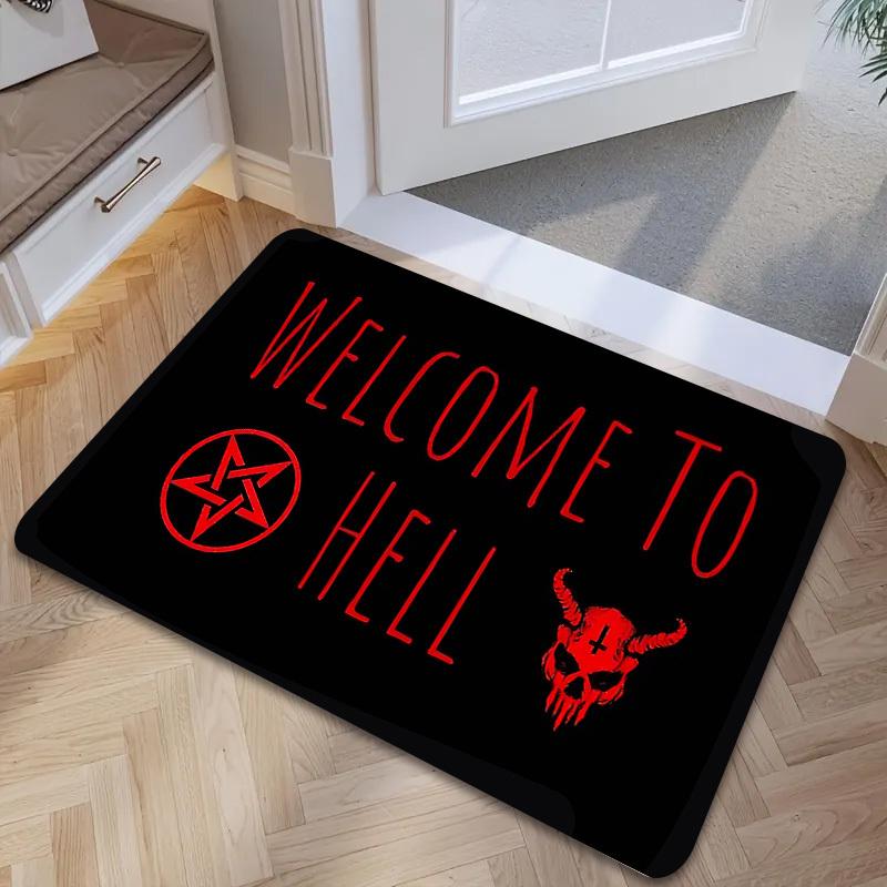 Gothic "Welcome To Hell" Rectangular Doormat, Skull & Pentagram Pattern Floor Mat, Non-Slip Washable Dark Ritual Entrance Rug