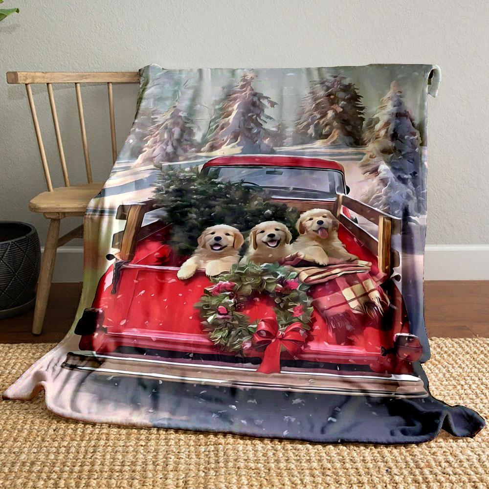 Christmas Puppy Truck Print Blanket bedroom Blanket for Livingroom Couch lunch break Soft throw for Friend's festival Gift