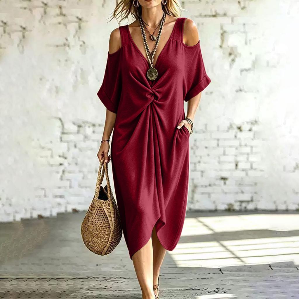 Women's V-Neck Off-Shoulder Midi Dress with Pockets Loose Fit Casual