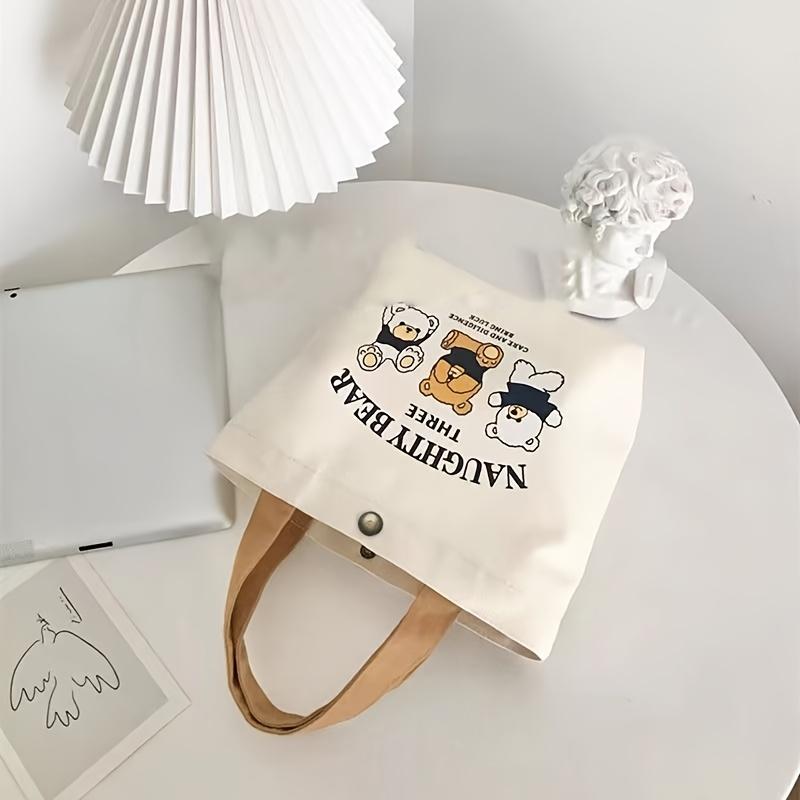 Canvas Tote Bag Mini Shoulder Bag with Cute Bear Buckle Closure, Casual Style, Tote Bag Durable Handle, Cute Tote Bag