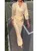2025 New Fashion: Elegant Satin Long Sleeve Tie-Up Top & Midi Skirt