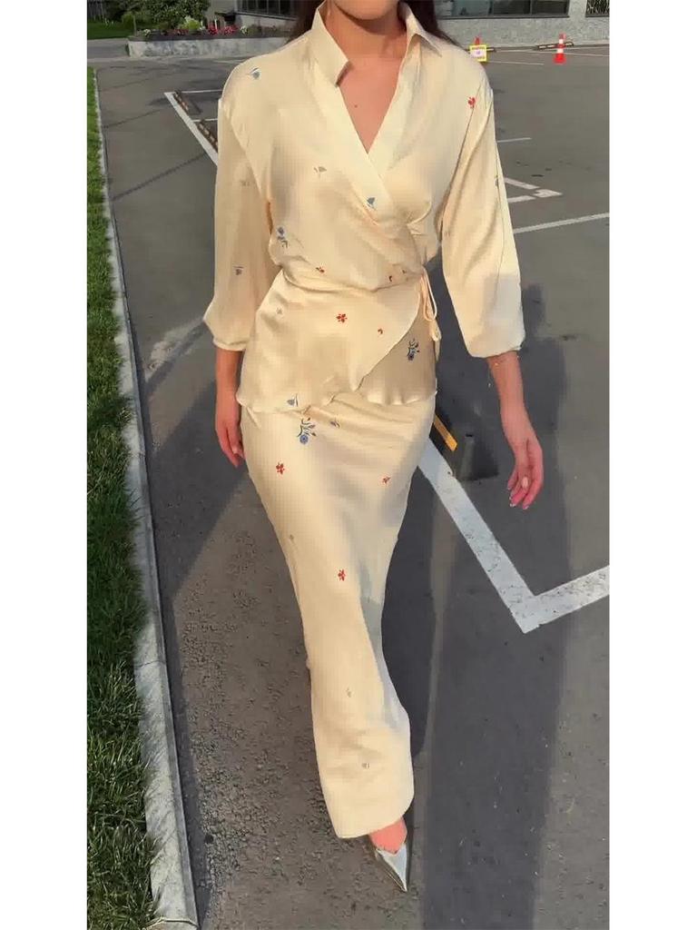 2025 New Fashion: Elegant Satin Long Sleeve Tie-Up Top & Midi Skirt