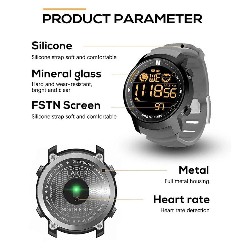 NORTH EDGE Men's Digital Watch Military Waterproof 50M Running Sports Pedometer Stopwatch Watch Heart Rate Wristband Android IOS