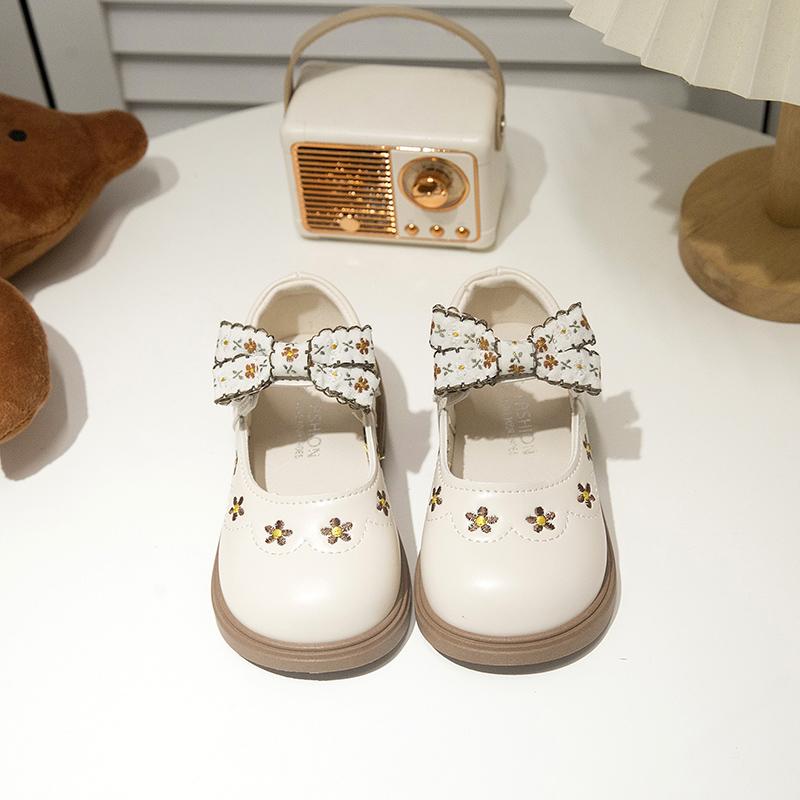 Girls Leather Shoes Sweet Flower Kids Flats Round Toes Cute Bow 2025 New Fashion Girls Princess Shoes Non-slip Soft Sole Ins