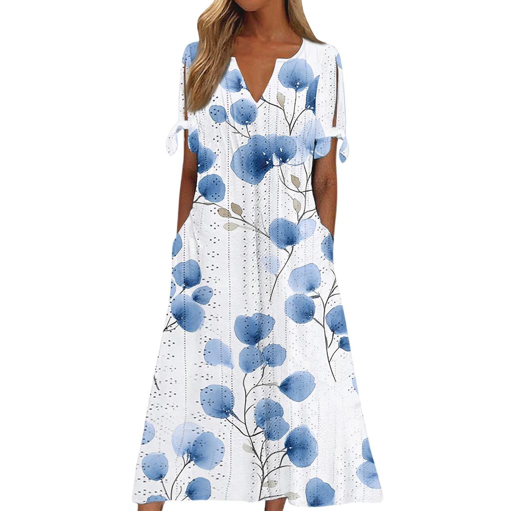 Ladies Casual Fashion Temperament Elegant Waist Patchwork Floral Print Long Dress