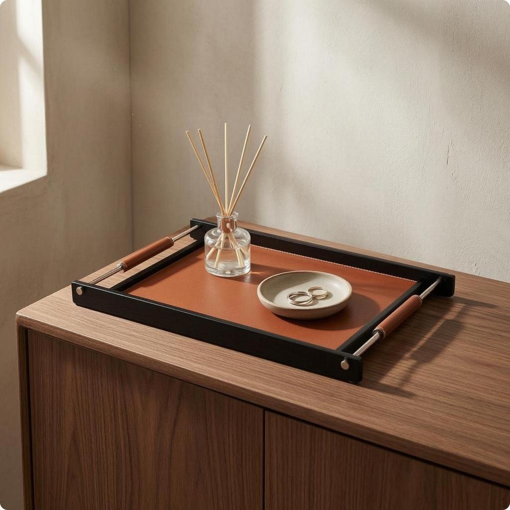 Rectangular Serving Tray Decorative CoffeeColored Leather Black Frame Dining Accessory