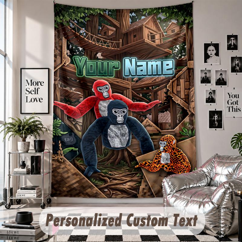 Wall Hanging Tapestry With Custom Name & Text, Gorilla Tag Cartoon Decorative Tapestry For Bedroom