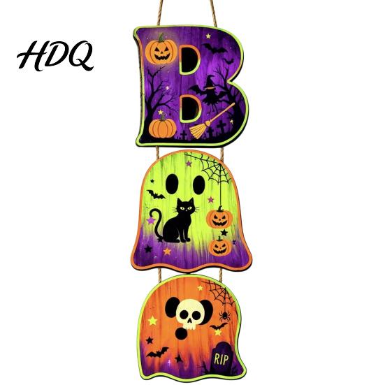 Layered Hanging Seasonal Ornament Halloween Wooden BOO Sign Creative Letter Pendants Vintage Ghost Pumpkin Black Cat