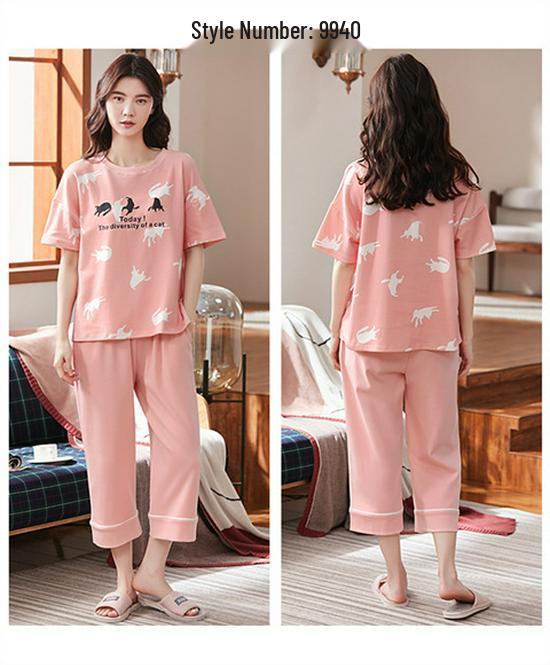 Aifen Teng Women's Summer Cotton Pajama Set: Short Sleeve Top & Three-Quarter Pants, Plus Size, All Cotton